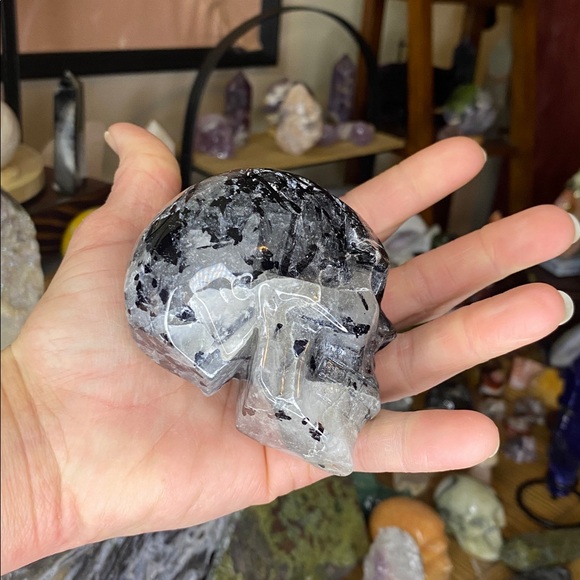 Insanely Dense Black Tourmalated Quartz Skull Carving - Picture 7 of 7